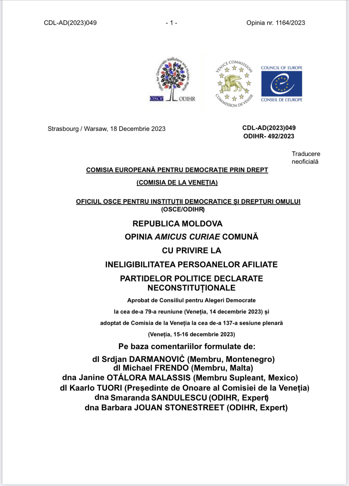 Experții Comisiei de la Veneția și ai OSCE/ODIHR au desființat repetat legile neconstituționale și nedemocratice ale regimului de la Chișinău cu referire la Partidul „ȘOR”